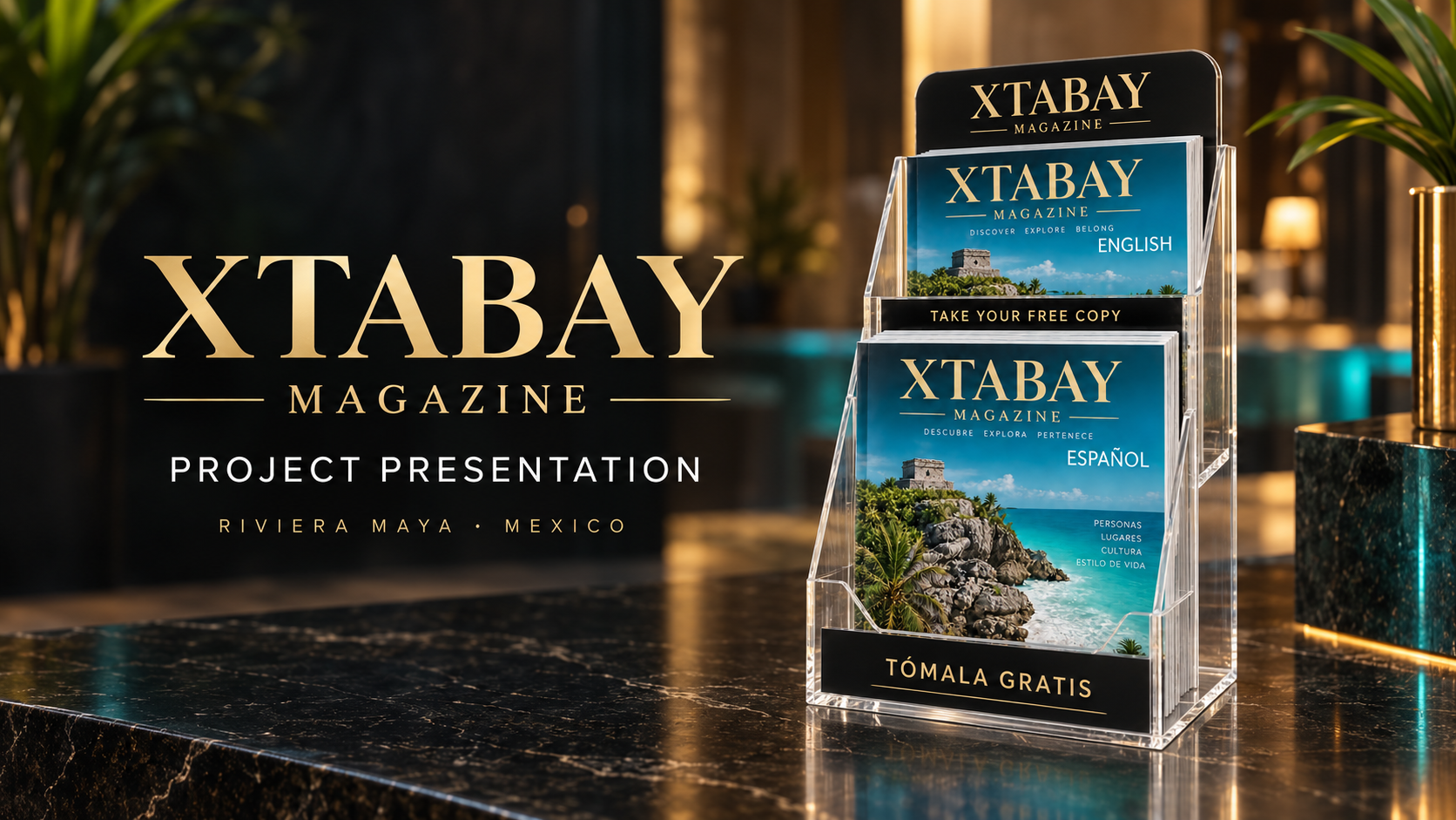 Xtabay Magazine bilingual dispenser and project presentation for the Riviera Maya